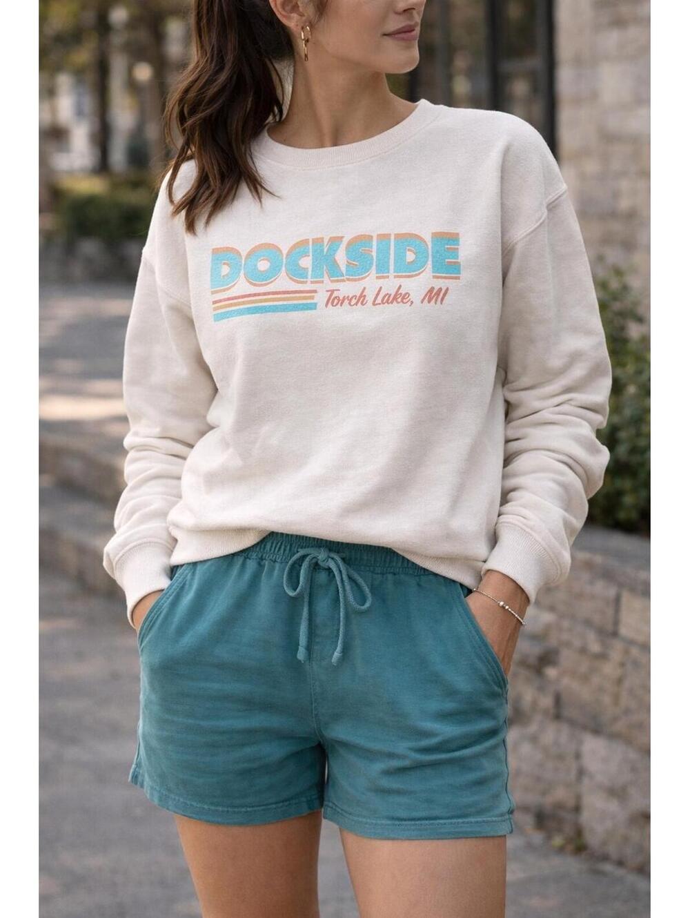 Dockside Torch Lake Michigan Bella + Canvas Sweatshirt Unisex Medium Tan Fleece